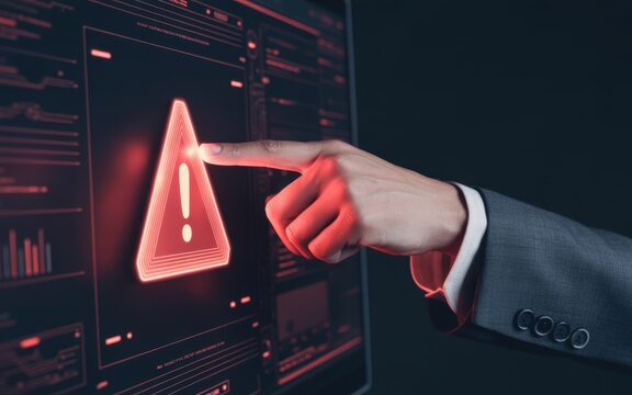 Businessman finger touching glowing red warning exclamation mark on dark digital interface screen for cybersecurity threat detection and system error notification concept