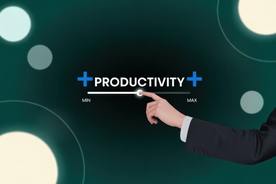 Businessman hand adjusting productivity level on a digital interface slider, concept of business efficiency, performance optimization, and growth management