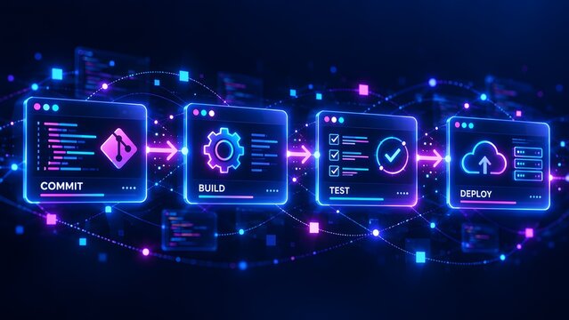 CI CD pipeline automation concept with commit build test deploy stages in glowing futuristic dashboard
