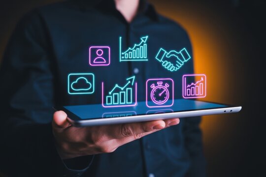 Businessman holding a digital tablet displaying glowing neon business representing growth, analytics, handshake, cloud, and time management in a dark environment