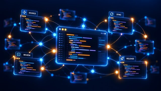 Software development lifecycle concept with source review sync and release code panels connected in network