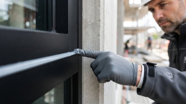 Professional contractor smoothing silicone sealant on a window frame with a gloved hand, featuring precise craftsmanship and home maintenance expertise for waterproofing and renovation services.
