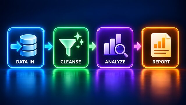 Data analytics process flow featuring data in cleanse analyze and report steps with glowing neon icons representing big data management.