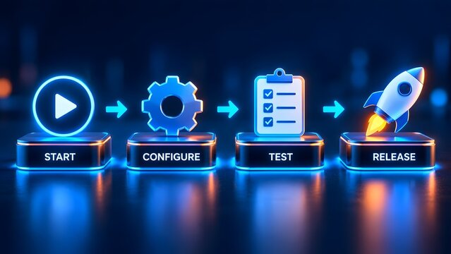 Futuristic 3D workflow diagram showing start configure test and release phases for software development product launch and digital deployment.