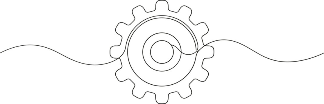 A continuous line art drawing of a mechanical gear intersected by a smooth wave.