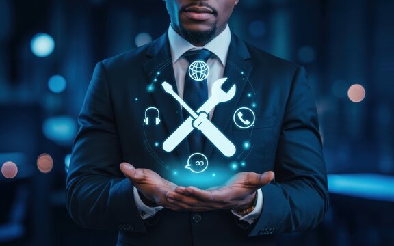 Businessman holding glowing digital technical support for customer service solutions and it maintenance concept in a modern dark office environment