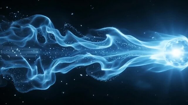Blue energy orb moving fast through dark space leaving glowing magical particle trail video clip background