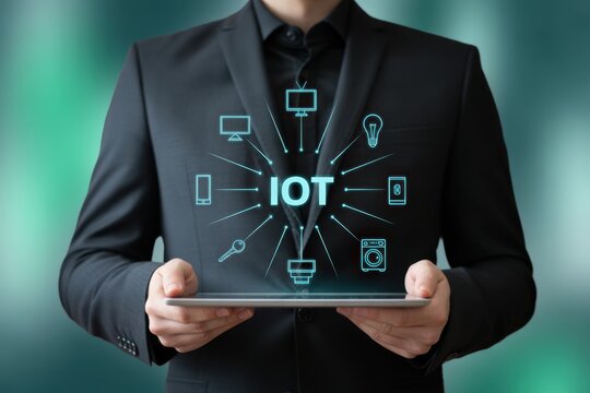 Businessman in a black suit holding a digital tablet displaying an internet of iot concept with various connected home appliance and glowing lines