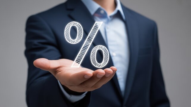 Businessman in a dark suit holding a glowing white percentage sign symbol in his open palm, representing financial growth, interest rates, and discount offers
