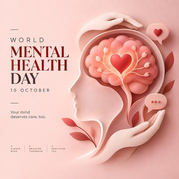 World mental health day illustration with human head silhouette and glowing internal heart silhouette psychology wellness kindness