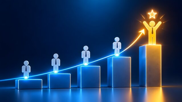 Glowing Star Figure Standing on Highest Podium Above Glowing Blue Upward Arrow Graphic Concept
