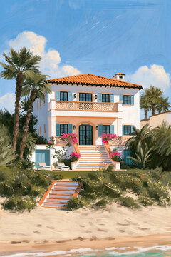 White beach house featuring a tiled roof, blue shutters, and palm trees, sitting on a sandy coastline under a clear sky