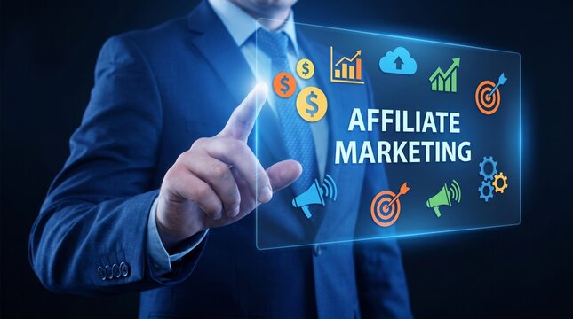Professional businessman in sharp blue suit touching futuristic digital interface showcasing affiliate marketing icons, strategy, and glowing financial symbols