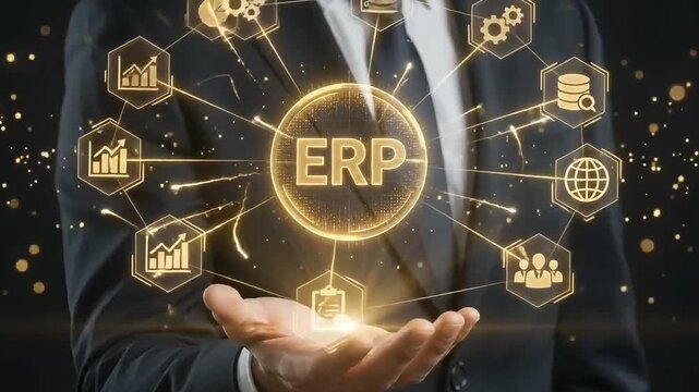 ERP system holographic user interface presented by businessman holding glowing management software structure in video footage