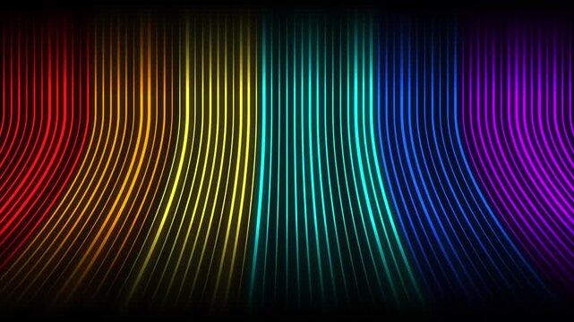 Neon rainbow equalizer lines background loop, colorful glowing audio spectrum visualizer waves, vibrant digital light motion graphic display