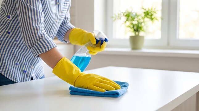 Dedicated cleaner wearing vibrant yellow rubber protective gloves wipes white table using bright blue microfiber cloth