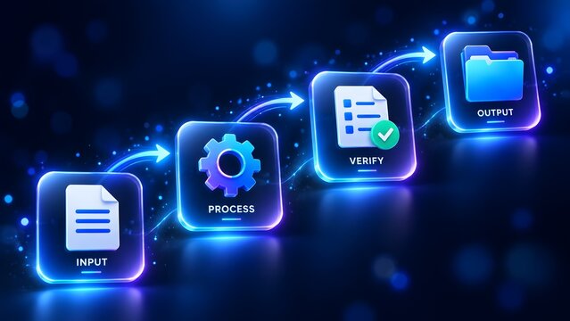 Futuristic digital workflow stages showing input process verify and output glowing neon floating icons