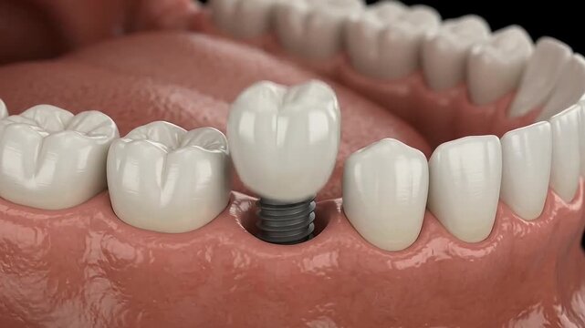 Dental implant procedure animation showing titanium screw installation process into human jaw bone close up video