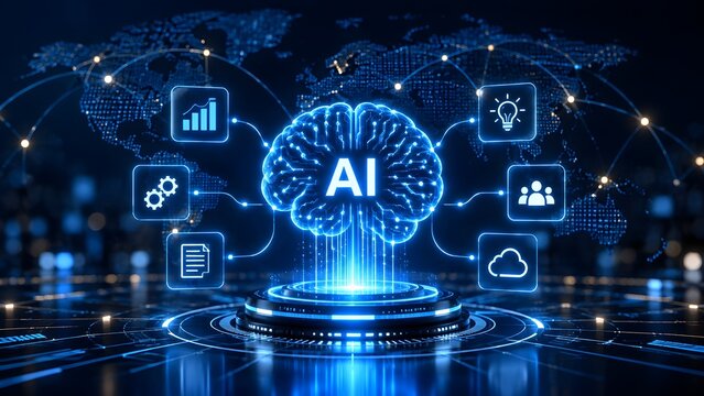 Global artificial intelligence ecosystem with glowing AI brain connecting to technology service icons over a digital world map.