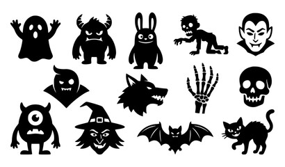 Obraz premium Spooky Halloween monster silhouette sticker set with ghosts skulls bats witches and creepy creatures