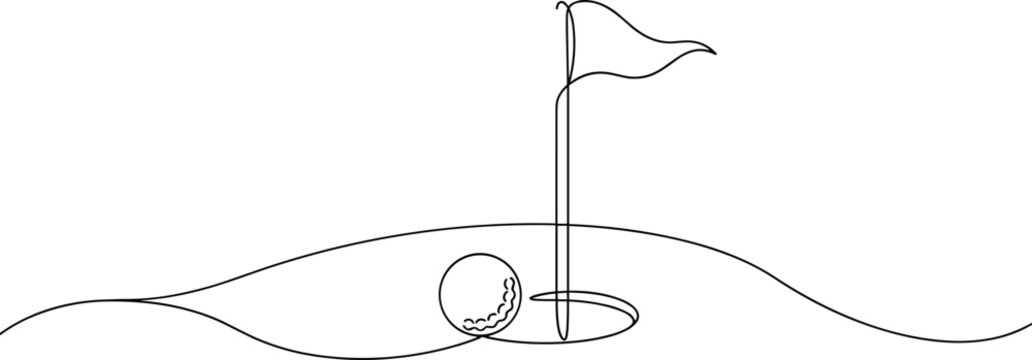 minimalist continuous line drawing of a golf ball near the hole and flag on the green course.