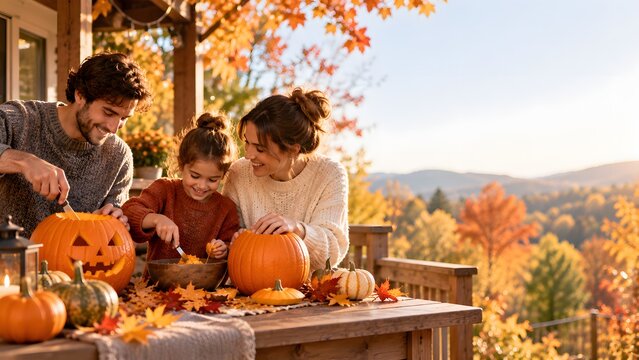 Family Carving Pumpkins Outdoors in Autumn