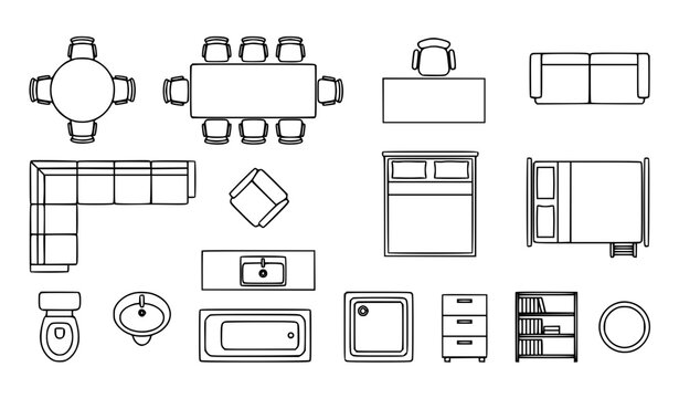 Interior design floor plan vector set with home and office furniture bathroom fixtures top view icons