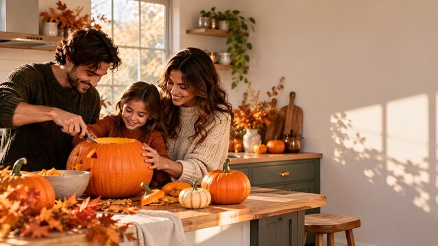 Family Carving a Pumpkin for Halloween