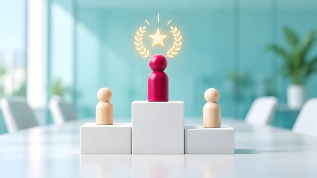 Red wooden figure on a first place podium with a gold star and laurel wreath representing ultimate business victory and team leadership.