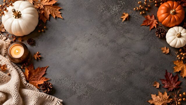 Autumn harvest festive flat lay with pumpkins and cozy blanket