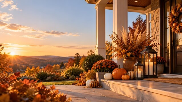 Inviting autumn front porch at sunset