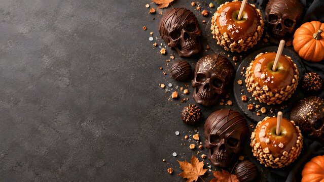 Gourmet chocolate skulls and caramel apples for Halloween