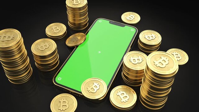 Cryptocurrency Mobile App Mockup With Bitcoin Coins and Green Screen Smartphone