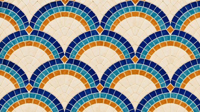 Seamless mosaic pattern of semicircles and fans in blue teal and orange tiles creating a decorative art deco style background texture