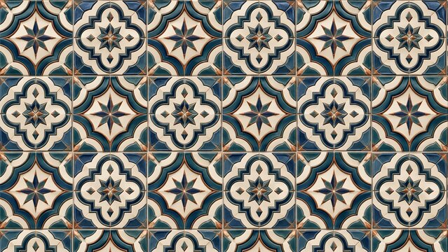 Seamless pattern of ornate ceramic tiles with geometric star and quatrefoil motifs in blue cream and teal detailed texture