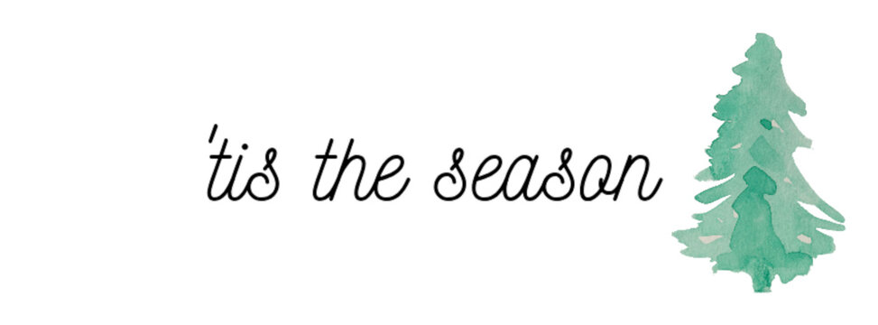 Christmas illustration with tree and 'tis the season on a white background