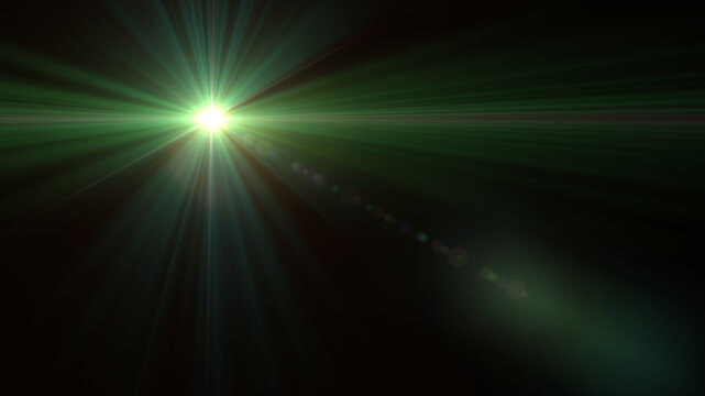 Bright green starburst light flare with radial rays and subtle diagonal bokeh reflections on black background