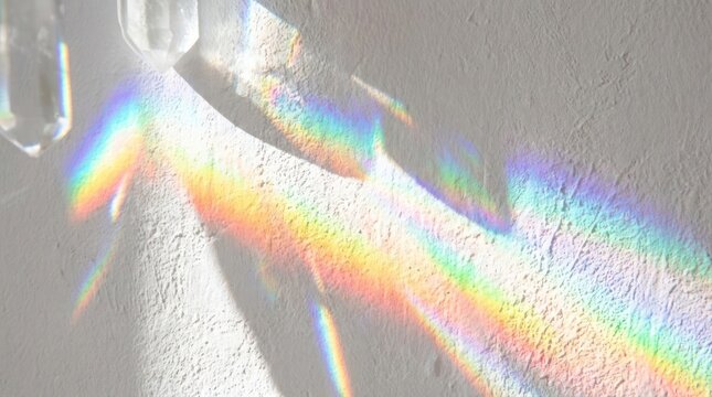 Prism rainbow light spectrum on white wall background.