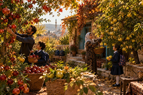 Family Gathering Autumn Fruit Before Children Head To School
