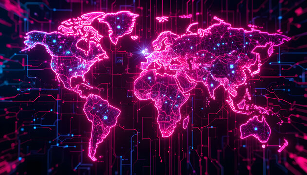 Digital world map with glowing pink neon lines and data points on black background