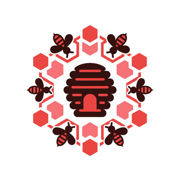 Stylized beehive logo with flying honeybees and hexagonal honeycomb patterns in a flat vector circular graphic design