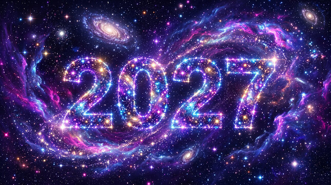 Glowing 2027 text forming in a deep purple cosmic galaxy with bright stars representing futuristic space exploration perfect for science