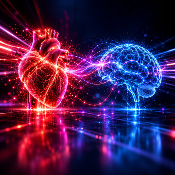 AI generated glowing heart brain connected by neural energy for neuroscience mental health emotional intelligence cardiovascular wellness healthcare technology mind body connection