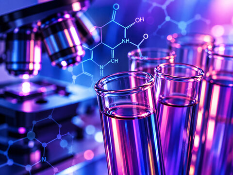 AI generated laboratory test tubes microscope molecular chemistry graphics neon light for biotechnology research pharmaceutical testing diagnostics scientific innovation