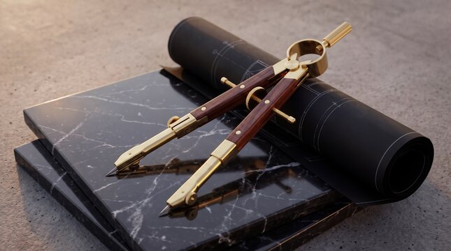 Golden and wooden drafting compass resting on dark marble tile with rolled blueprint in warm sunlight, elegant architectural tools and premium design engineering concept