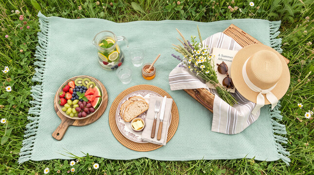 Top view of a summer picnic blanket on green grass with fresh food and a basket representing relaxing outdoor lifestyle perfect for weekends