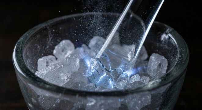 Sucrose sugar crystals emitting faint blue triboluminescent light flashes while crushed in glass mortar, high speed physics experiment photography