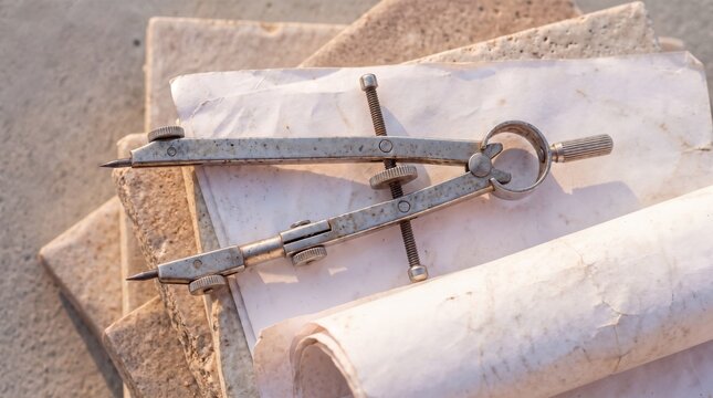 Close up view of vintage drafting compass resting on old paper and stone tiles, classic architectural design and traditional engineering concept