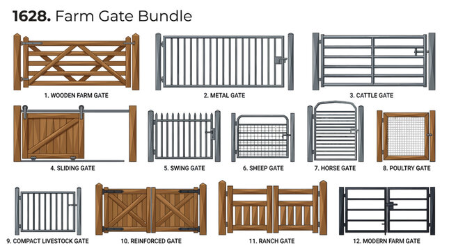 Collection of various wooden and metal farm gates in vector illustration style