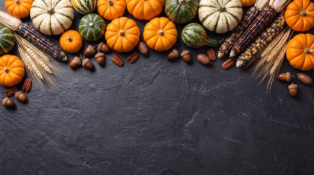 Autumn flat lay with colorful pumpkins, gourds, nuts, and corn on dark slate background